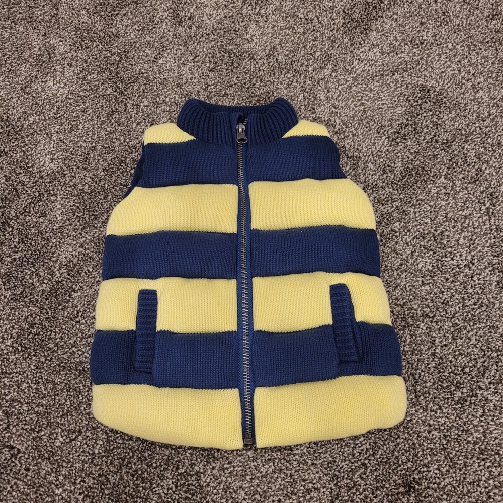 Seed Heritage Kids Knit Puffer Vest Navy Blue Yellow Striped Cotton Size M 3-4Y